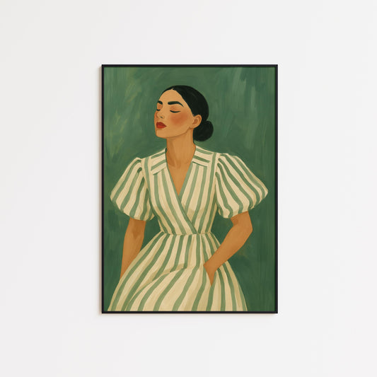 Green Striped Woman Art Print – Feminine Wall Art | Vintage Style Poster
