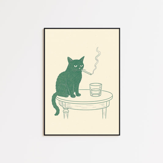 Smoky Cat Line Art Print – Funny Minimalist Wall Art, Retro Animal Poster