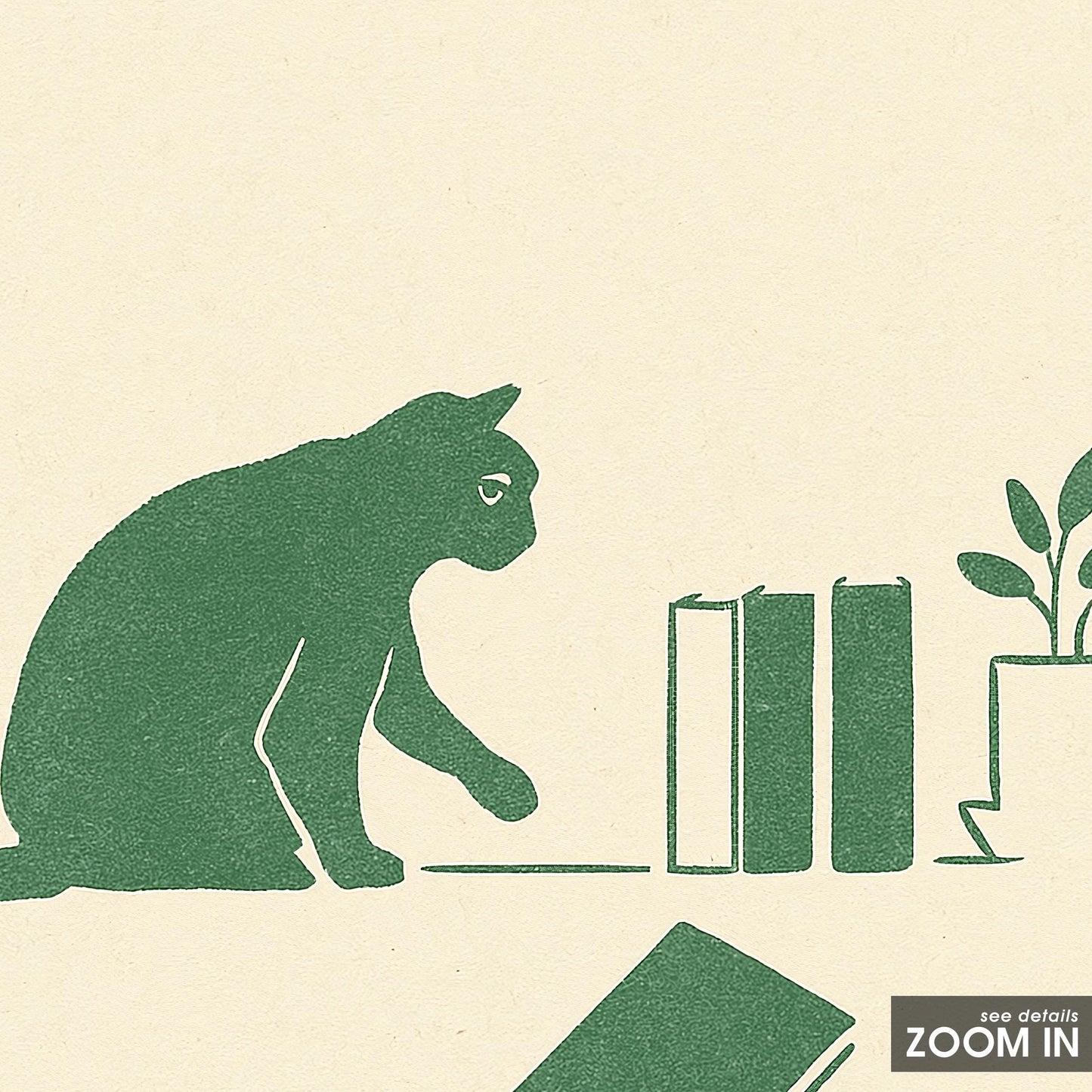 Curious Cat and Books – Minimal Line Art Poster, Cozy Literary Wall Print