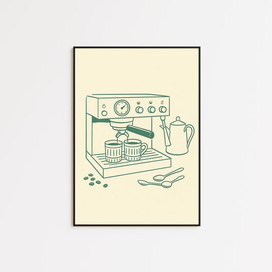 Espresso Machine Poster – Minimal Coffee Line Art, Cozy Café Wall Print