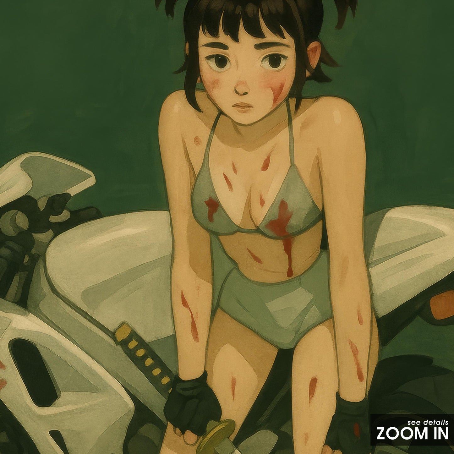 Anime Femme Poster – Biker Girl Art with Katana Sword Print | Sapphic Warrior Artwork