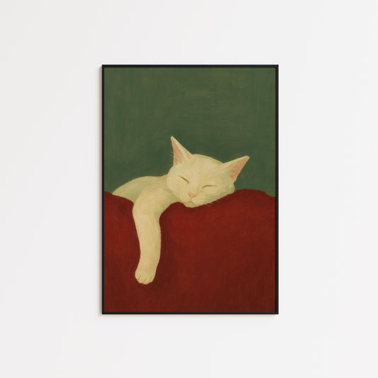 Sleeping Cat Poster – Cozy Wall Print With Gouache Cat Art, Minimal Home Decor