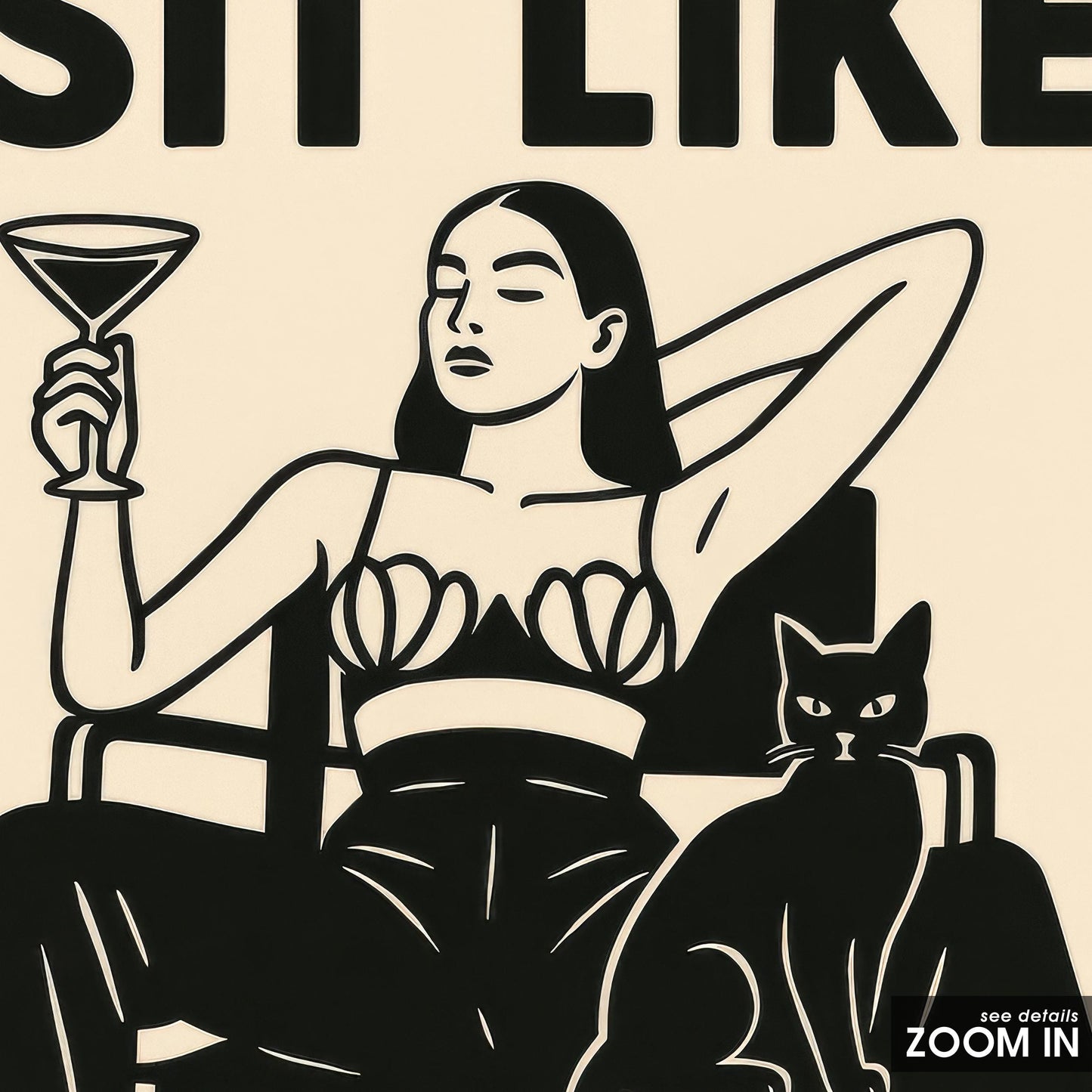 Femme Boss Wall Art – Powerful Femme Poster With Black Cat & Martini Attitude