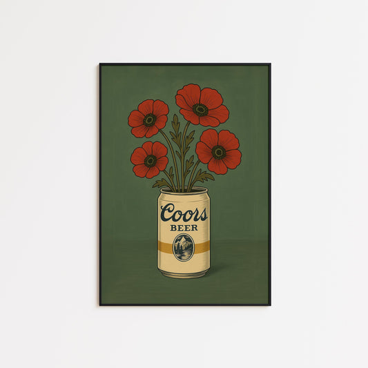 Coors Beer Poster – Vintage Pop Art Floral Beer Can Wall Art for Kitchen