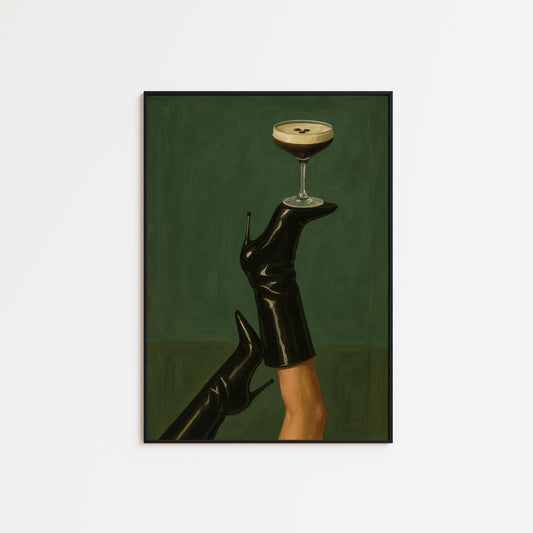 Feminine Moody Poster – Espresso Martini Art | Bold High Heel Print & Stylish Glam Decor