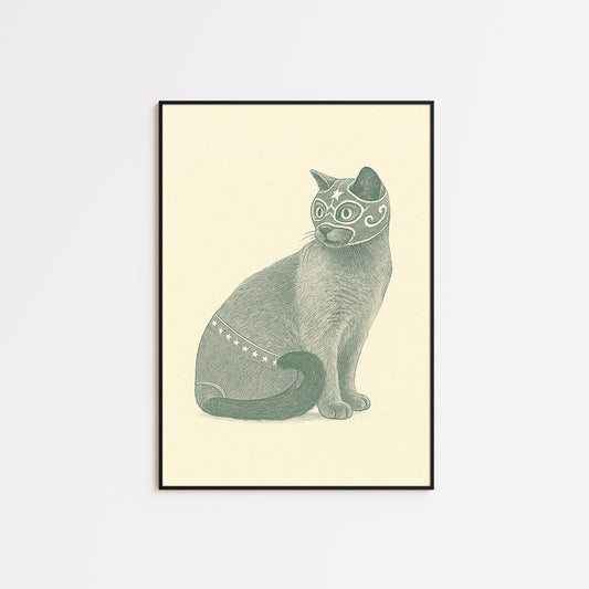 Luchador Cat Poster – Vintage Mexican Wrestler Cat Print, Whimsical Animal Wall Art