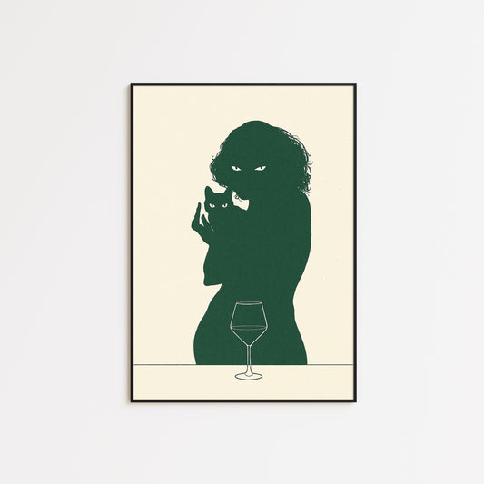 Woman and Cat Silhouette Poster – Intimate Minimal Line Art, Moody Wall Print