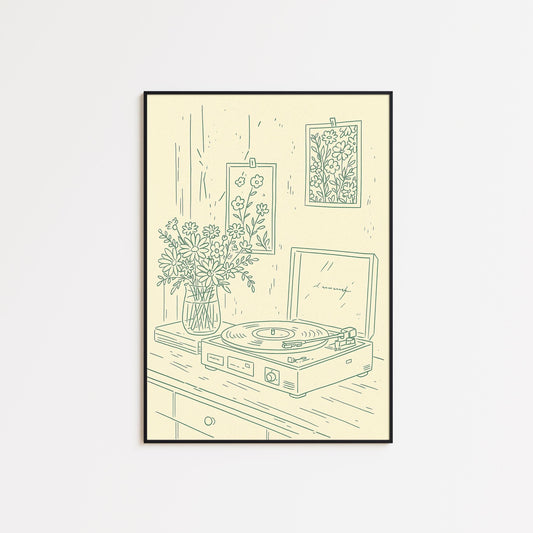 Record Player and Flowers Poster – Minimal Vintage Line Art for Cozy Interiors