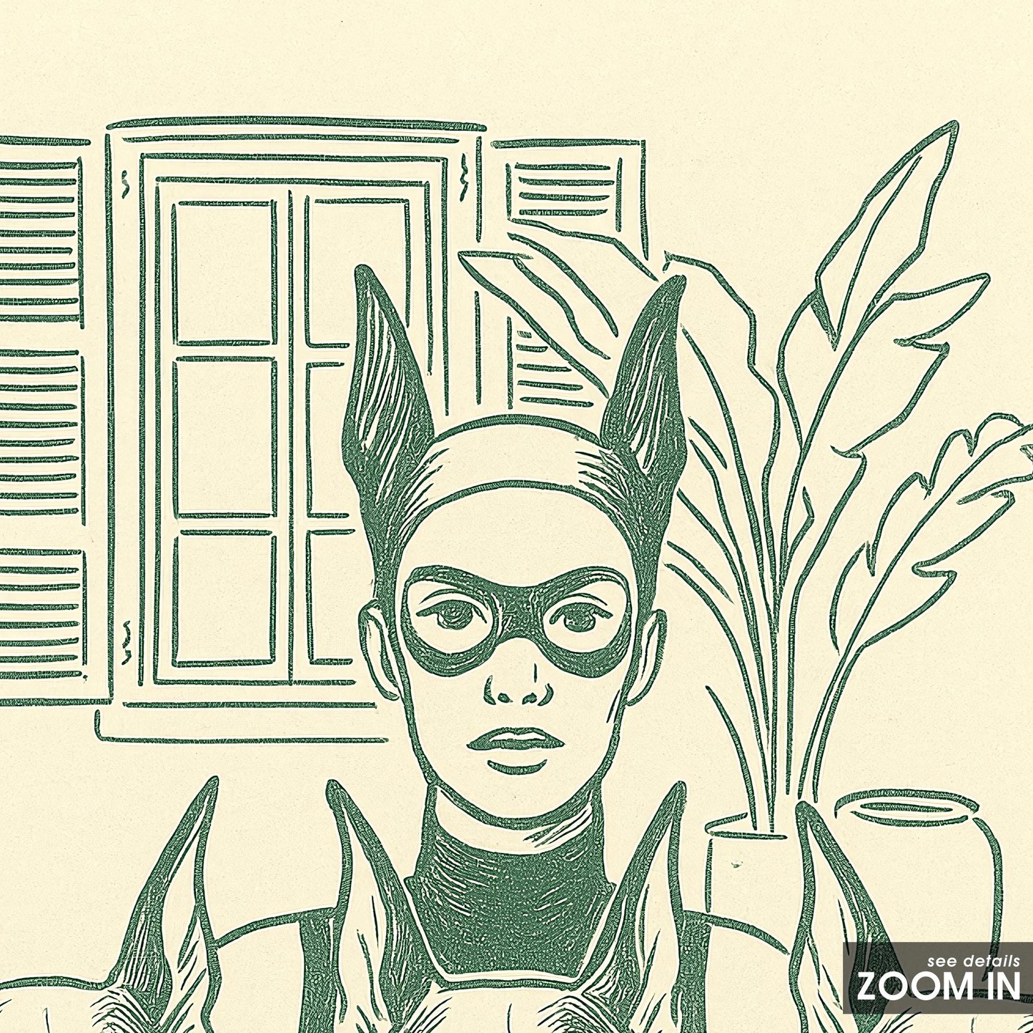 Masked Woman Poster – Feminine Power Art | Minimal Vintage Illustration, Green Line Drawing