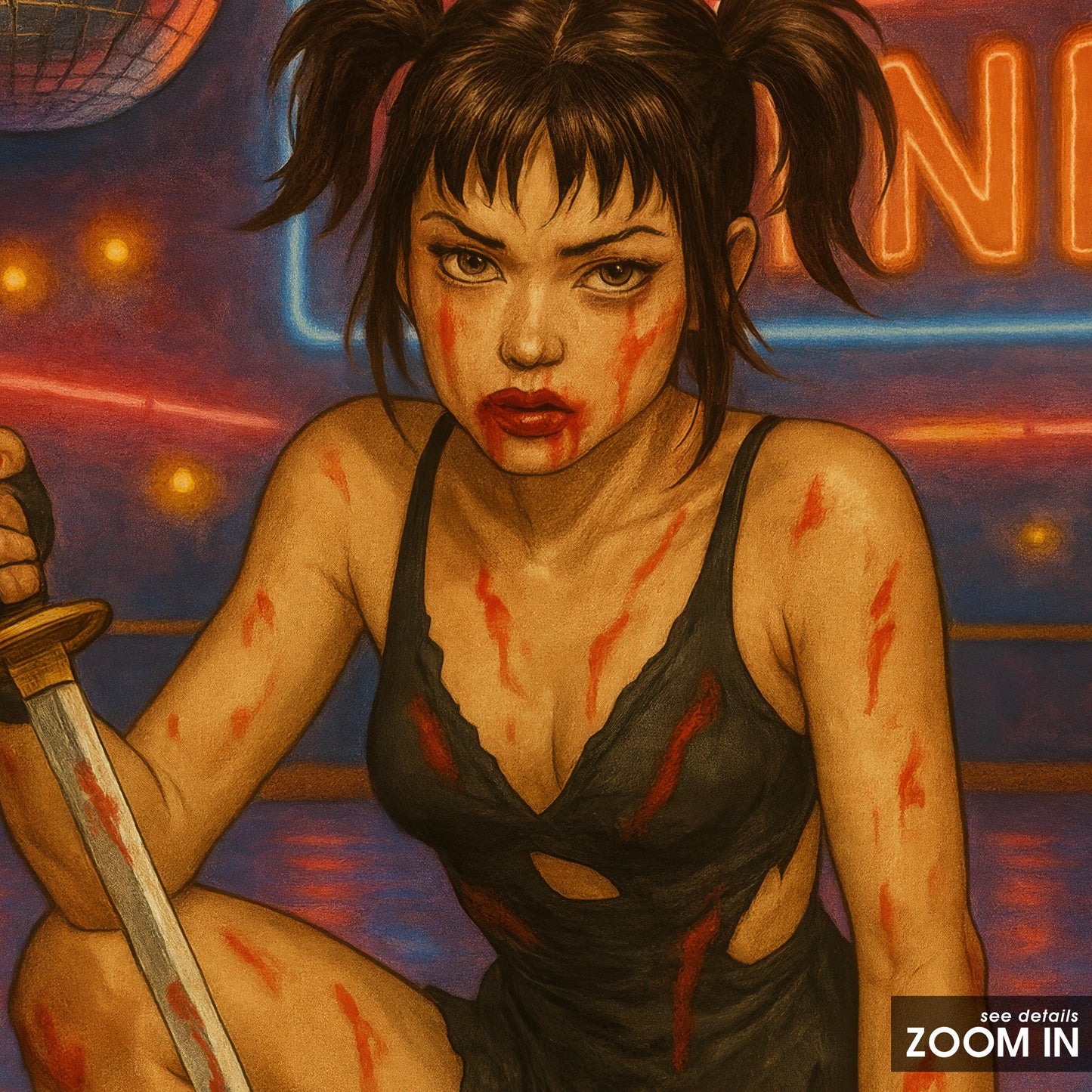 Femme Katana Art Print – Neon Punk Roller Rink Art | Silky Semi-Gloss Poster