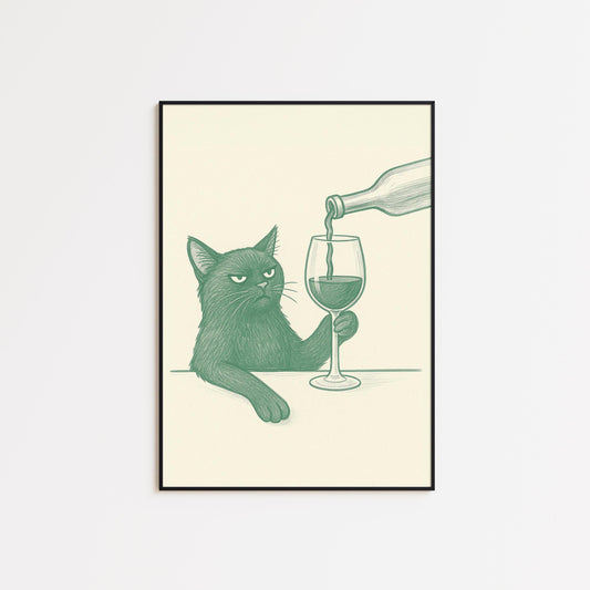 Funny Cat with Wine Print – Minimalist Line Art