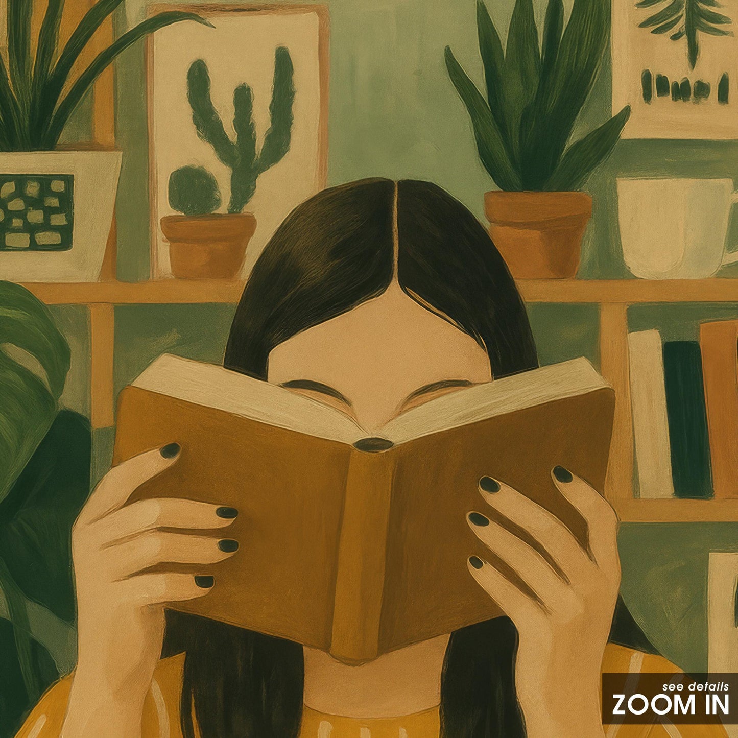 Library Wall Art – Cozy Reading Corner Poster With Book Lover Decor & Plant-Filled Room