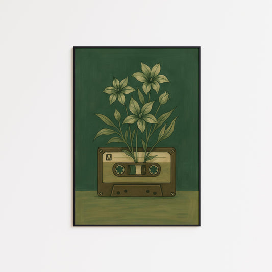 Cassette Tape Poster – Vintage Music Art | Floral Cassette Print, Retro Wall Decor