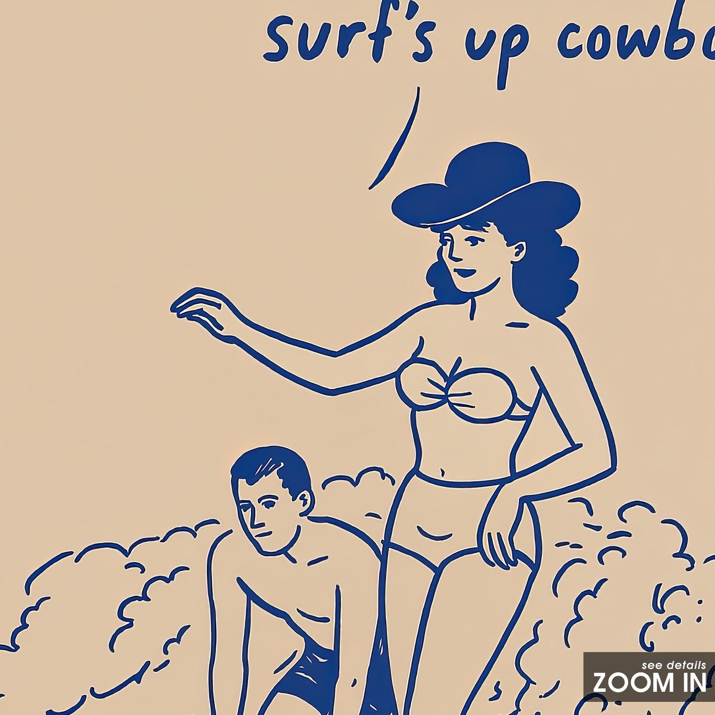 Retro Cowgirl Surf Art – Playful Western Beach Decor With Comic Style Illustration