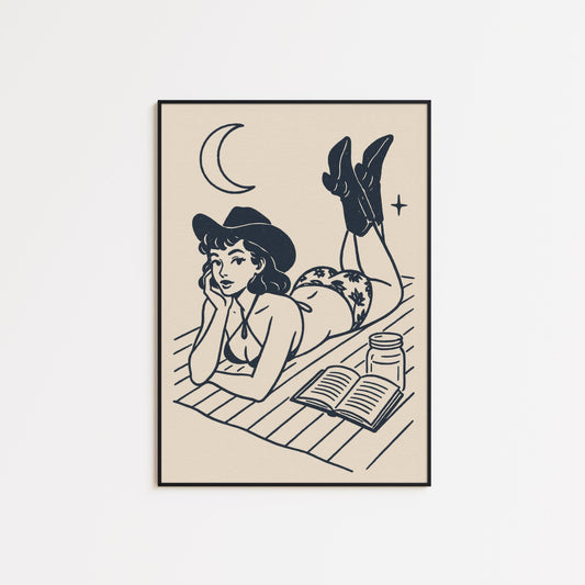 Western Pin-Up Poster – Moonlight Cowgirl Reading Retro Wall Art Print