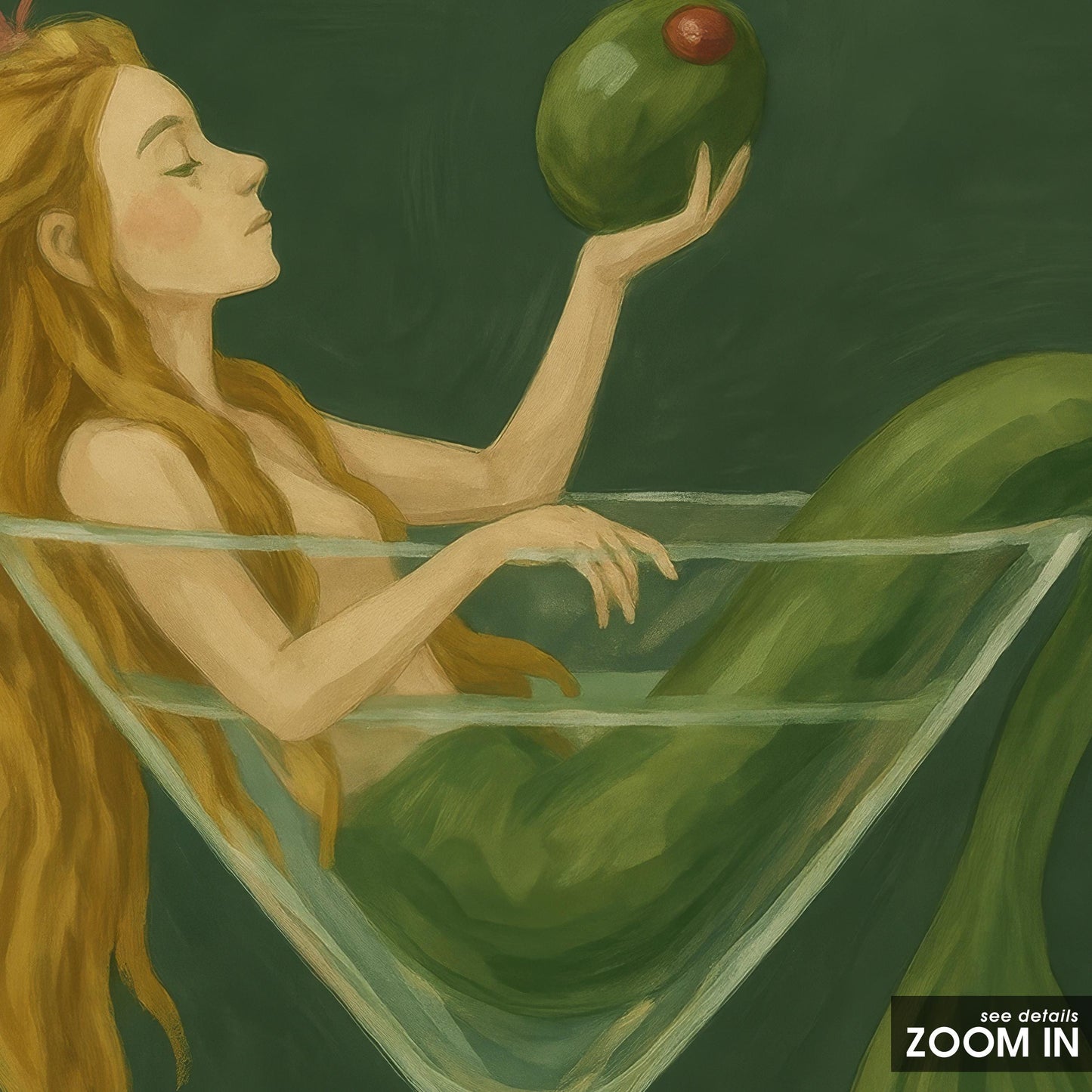 Mermaid Wall Art - Fantasy Cocktail Print in Green Martini Glass for Bar Decor