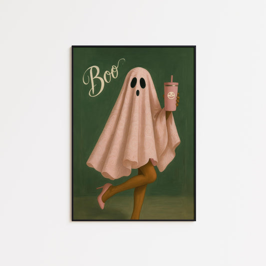 Pink Ghost Wall Art – Whimsical Halloween Decor, Cute Spooky Poster Print