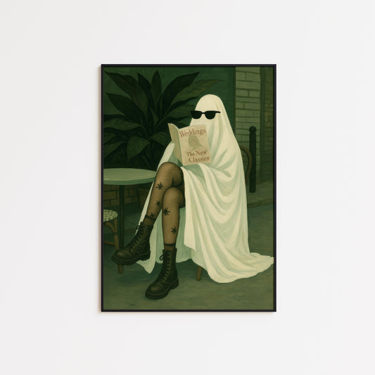 Gothic Ghost Wall Art – Whimsical Ghost Decor Reading Magazine Print