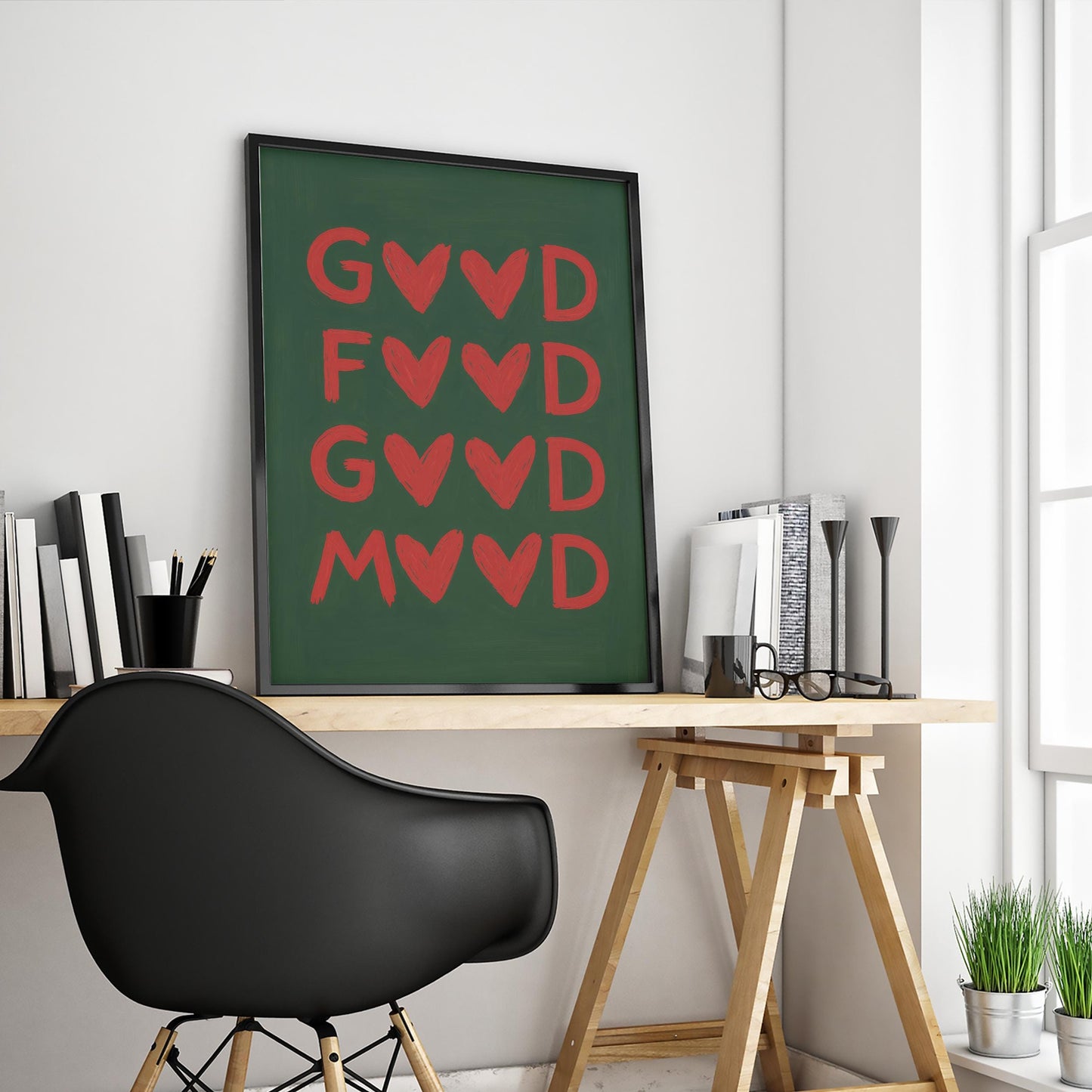 Good Mood Print – Playful Heart Lettering Typography Wall Art With Bold Red Green Design