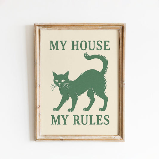 My House My Rules Poster – Funny Cat Wall Art for Pet Lovers, Retro Home Decor