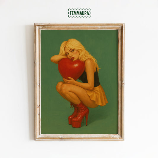 Vintage Feminine Art Print – Retro Wall Decor With Red Heart & Olive Green Tones