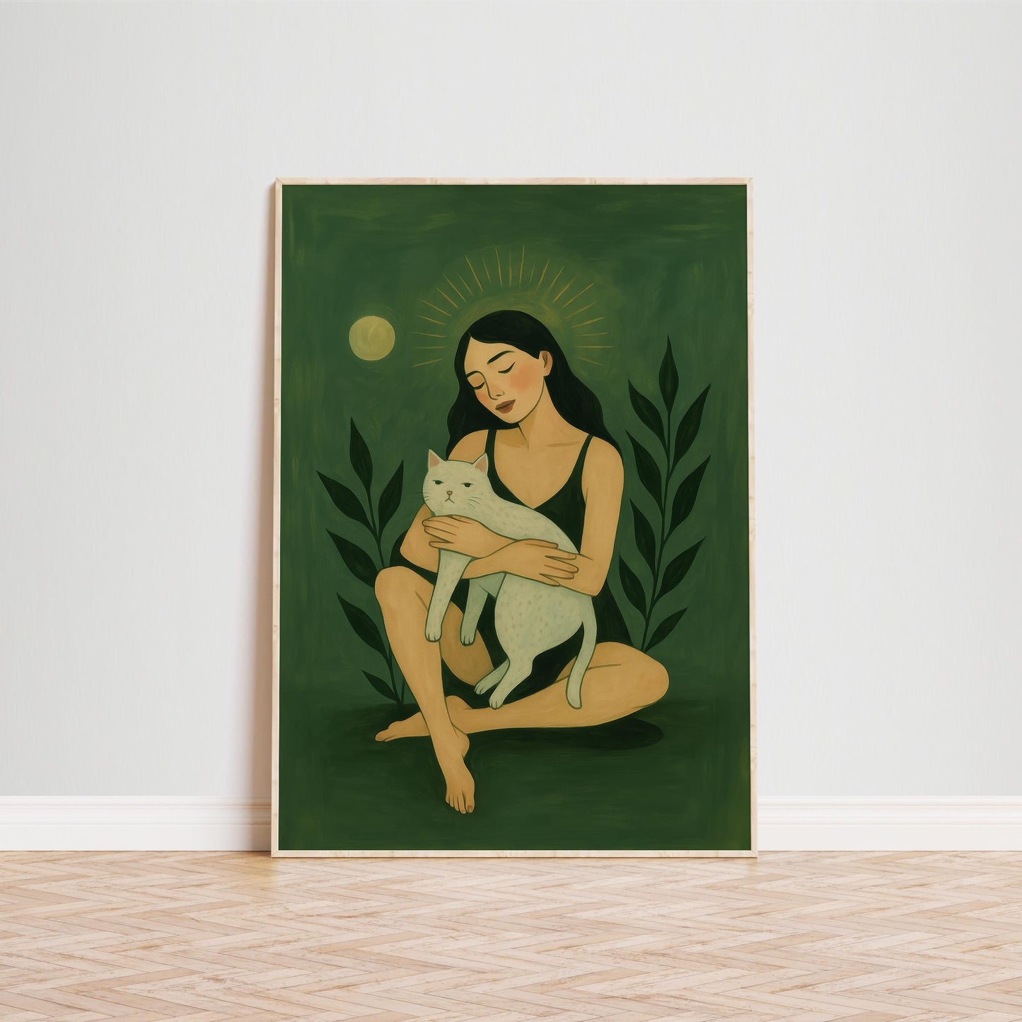 Spiritual Feminine Wall Art – Green Cat Art Print With Moonlight Goddess