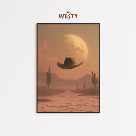 Desert Moon Cowboy Hat – Surreal Western Wall Art