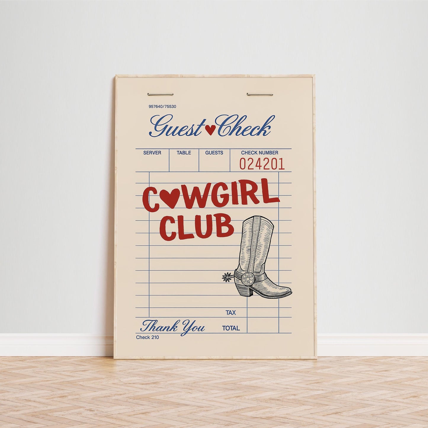 Cowgirl Club Diner Check Poster – Western Retro Wall Art for Cowgirl Decor