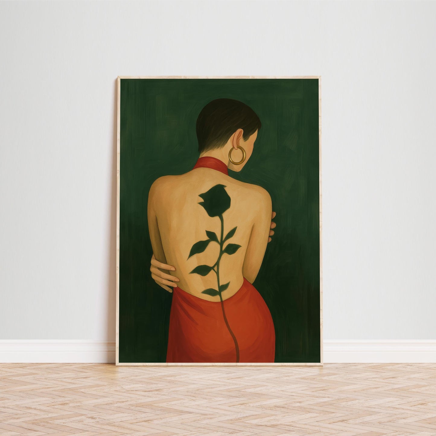 Rose Back Tattoo – Red Dress Art | Femme Fatale Moody Wall Print