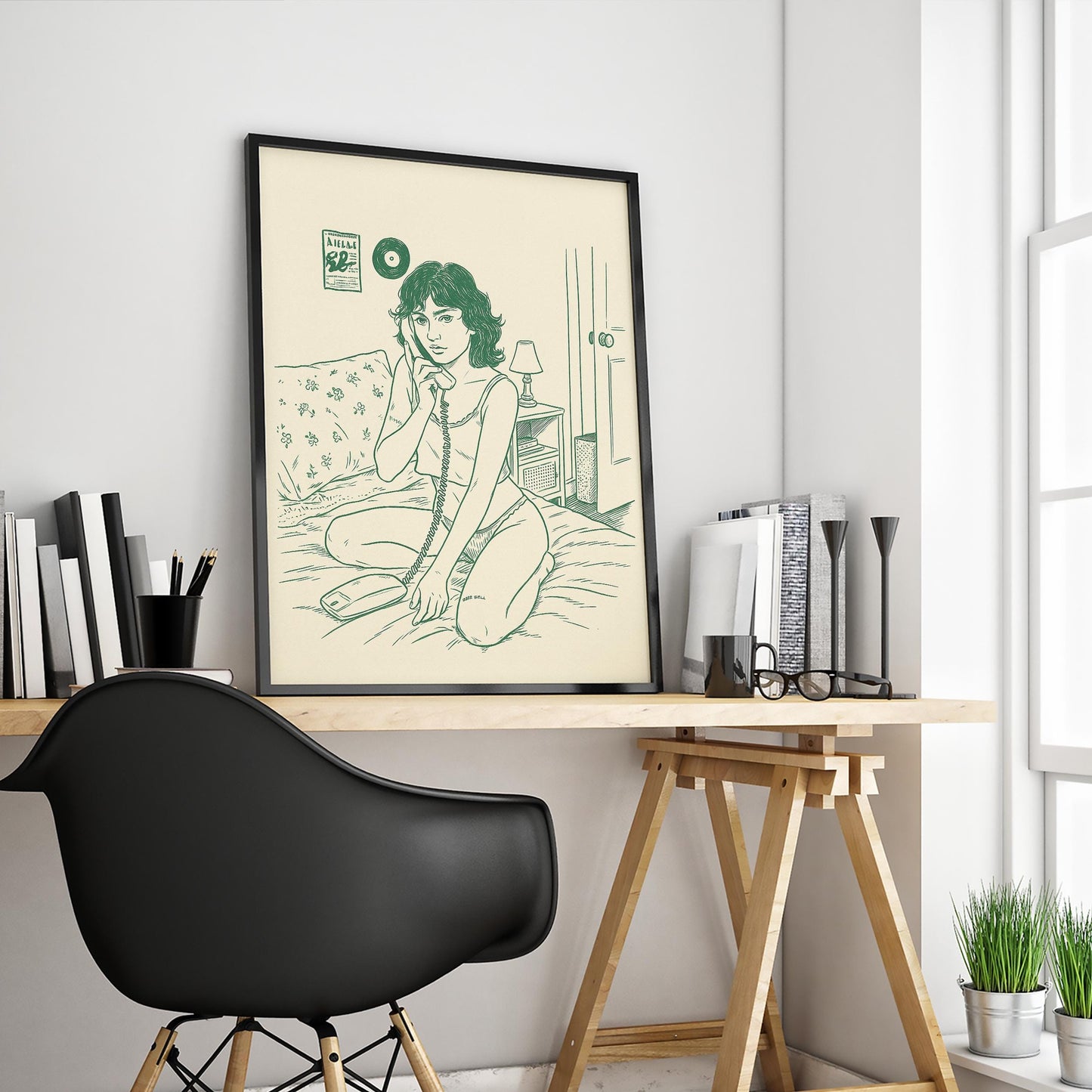 Girl on the Phone Poster – Vintage Bedroom Line Art Print