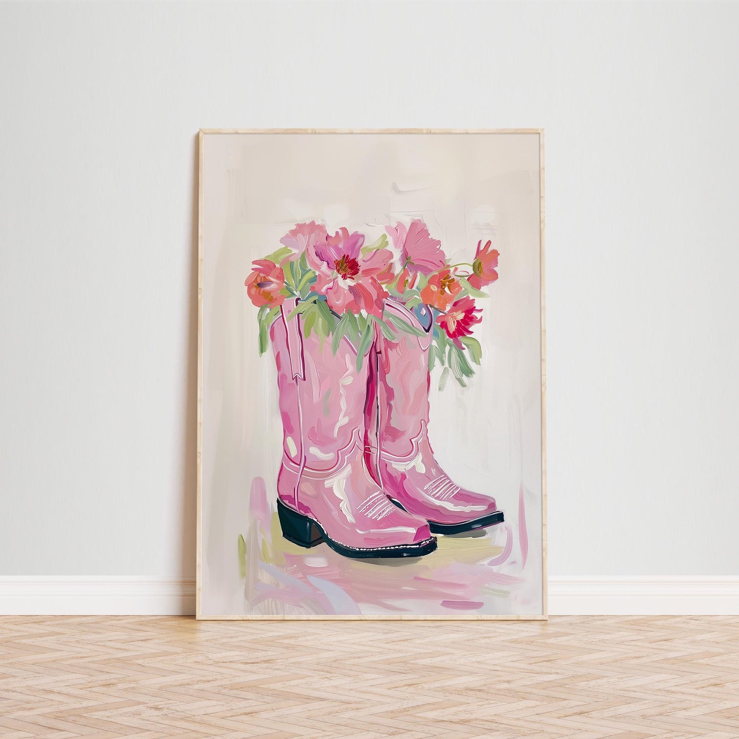 Pink Cowgirl Boots with Flowers – Feminine Western Wall Art Print