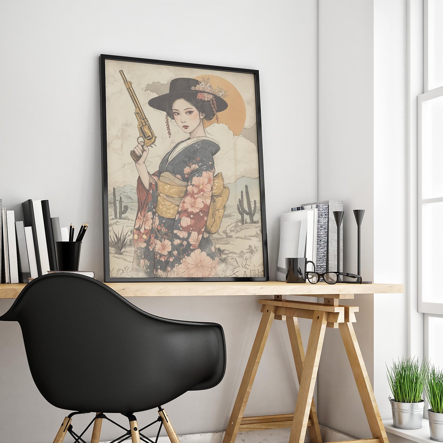 Geisha Gunslinger Poster – East West Floral Warrior Art Print