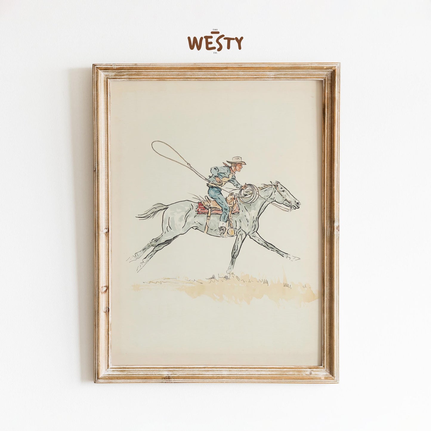 Vintage Cowboy Roping Art – Western Horse Illustration Print