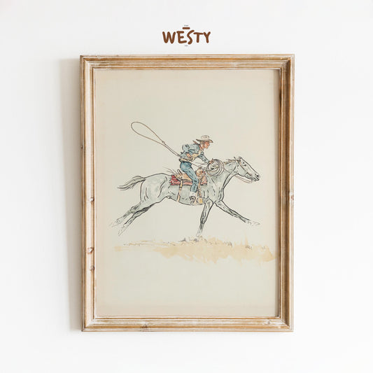 Vintage Cowboy Roping Art – Western Horse Illustration Print