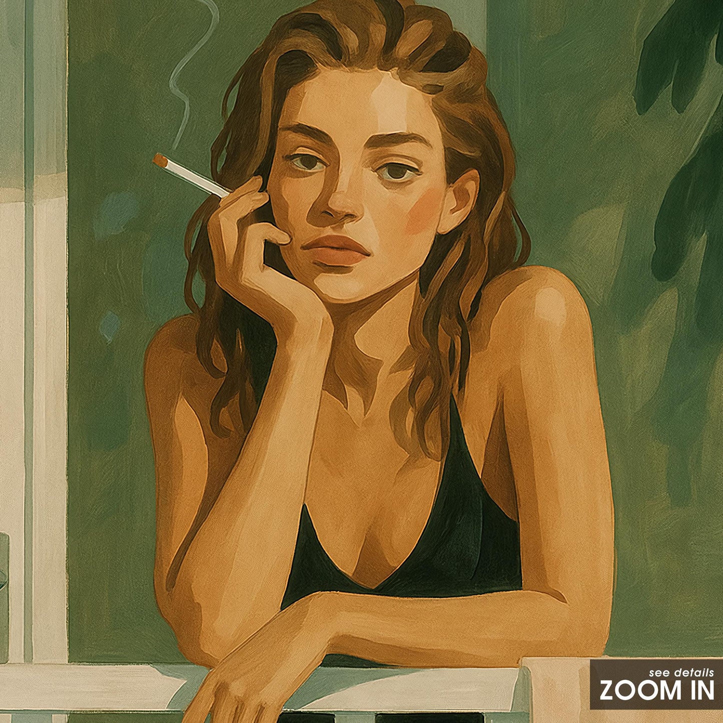 Modern Feminist Poster – Cinematic Retro Wall Art | Moody Green Balcony Print