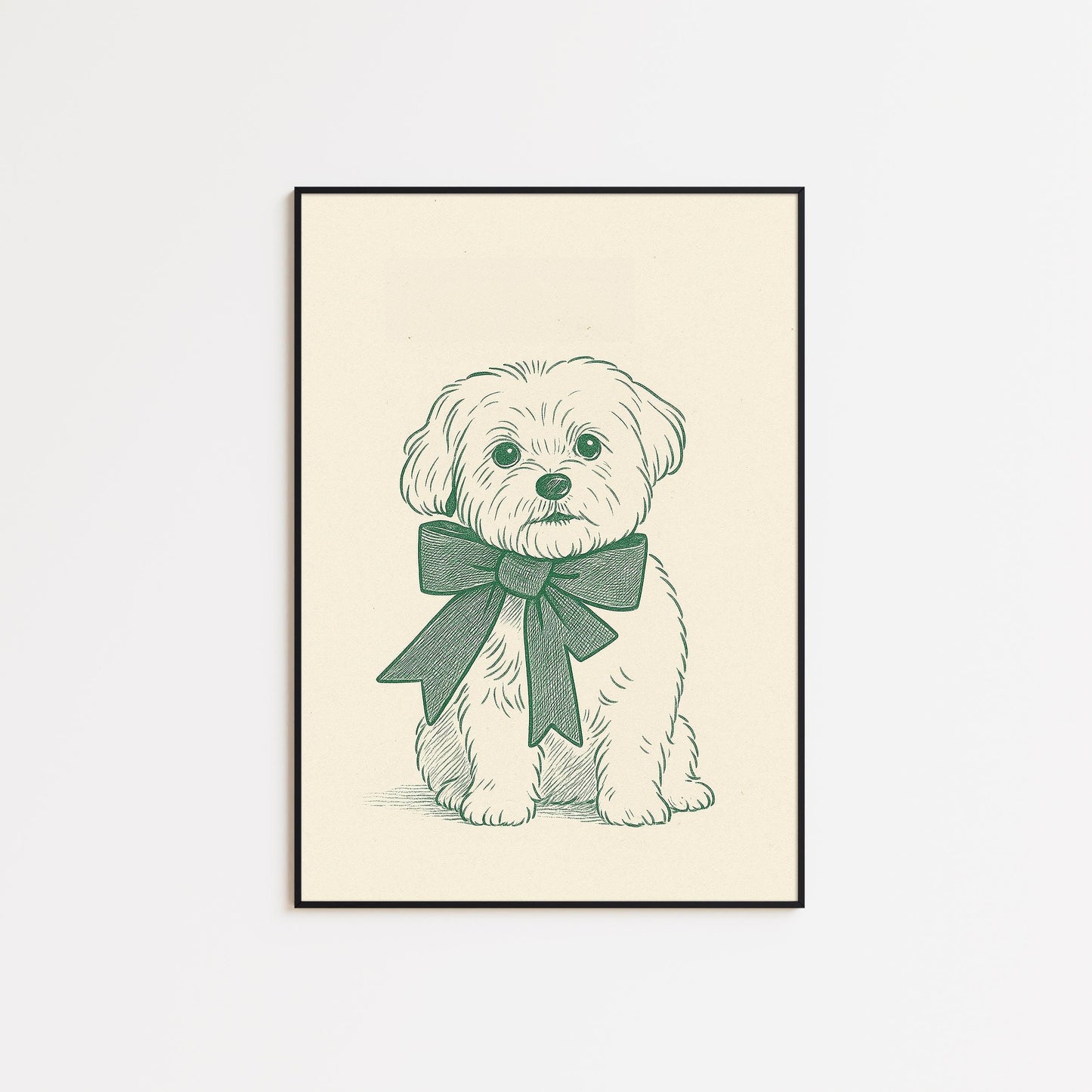 Green Bow Puppy Poster – Minimal Dog Illustration Wall Art