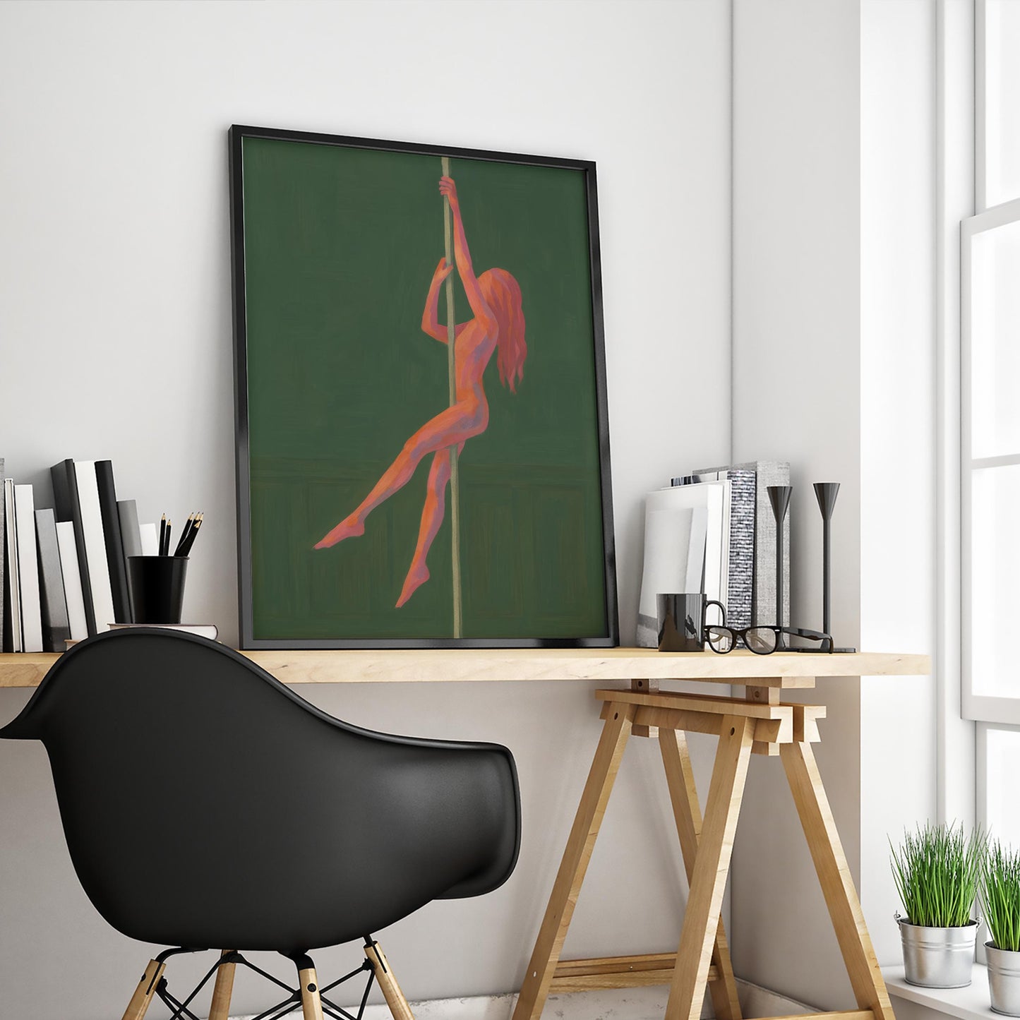 Pole Dancer Art Print – Minimalist Retro Nude Illustration | Bold Green Wall Decor