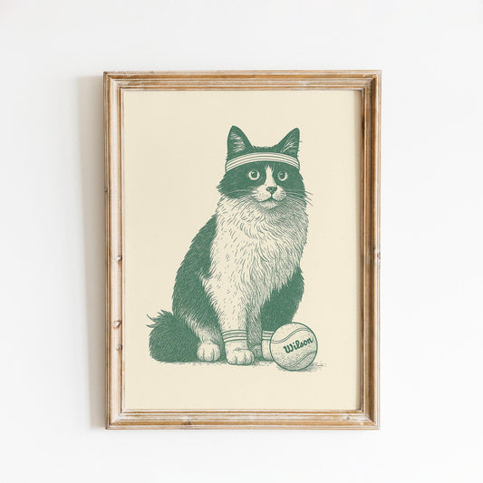 Tennis Cat Poster – Funny Vintage Animal Illustration, Sports Lover Wall Art