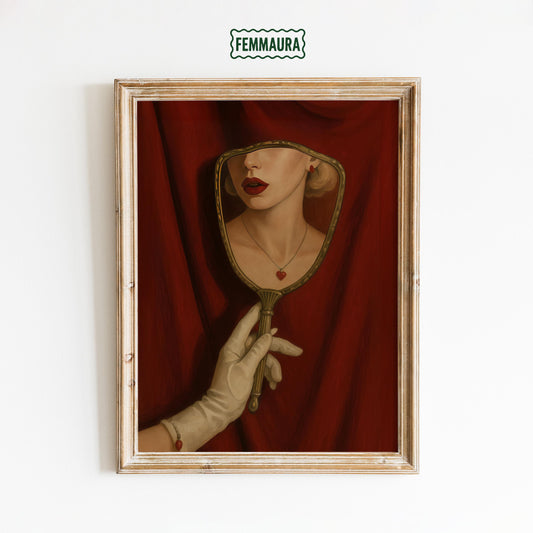 Vintage Mirror Poster – Gothic Wall Art With Feminine Red Decor & Surreal Woman Print