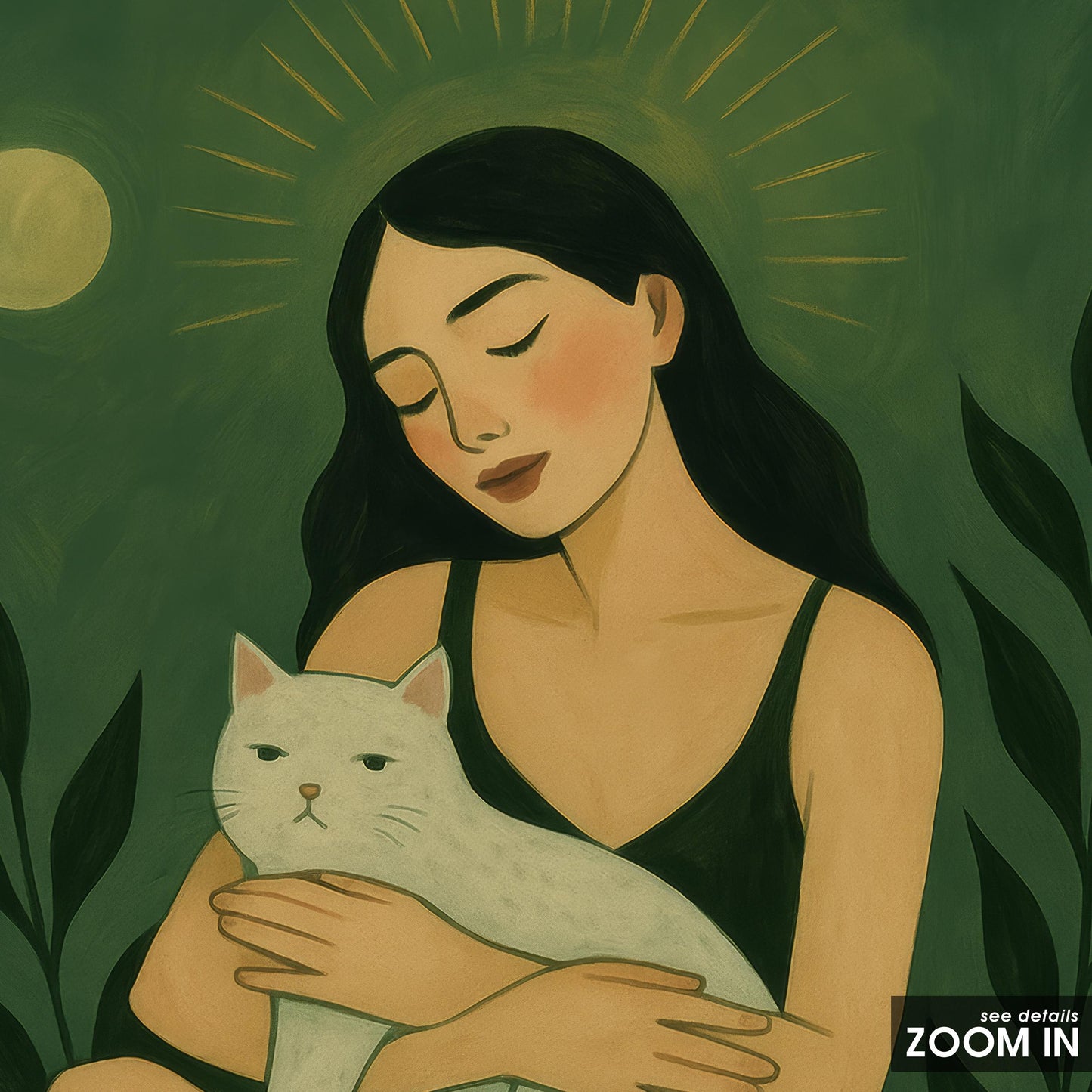 Spiritual Feminine Wall Art – Green Cat Art Print With Moonlight Goddess