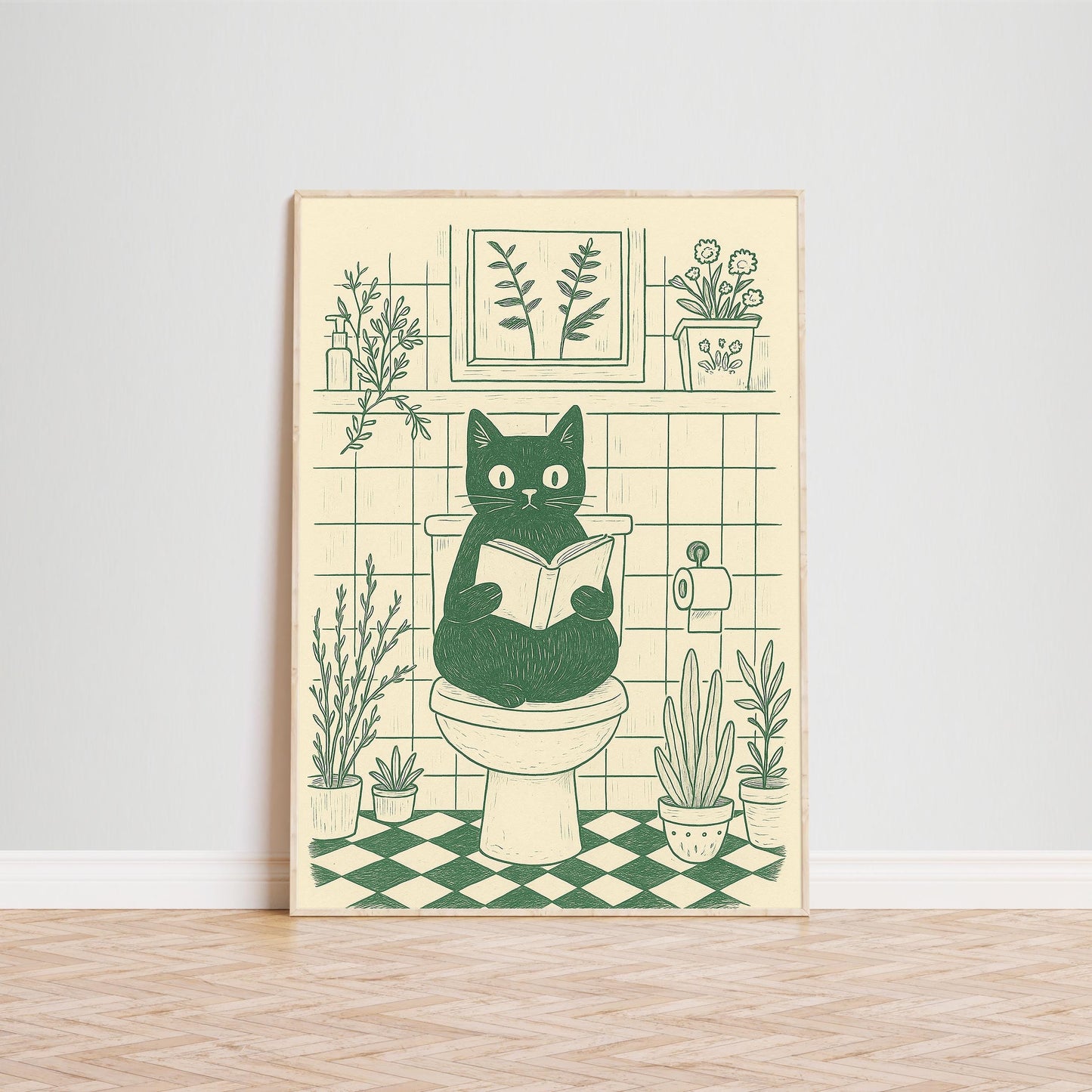 Bathroom Cat – Funny Minimal Line Art Poster, Cozy Bathroom Wall Decor