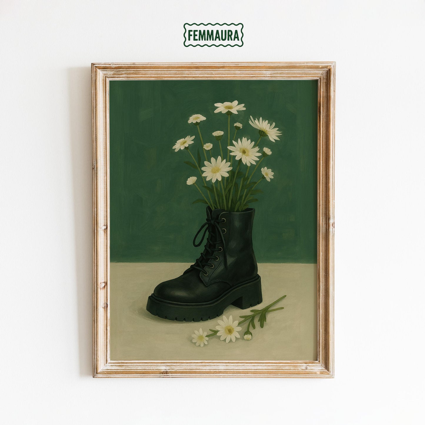Combat Boot Art Print – Feminine Strength Botanical Wall Art With Daisies