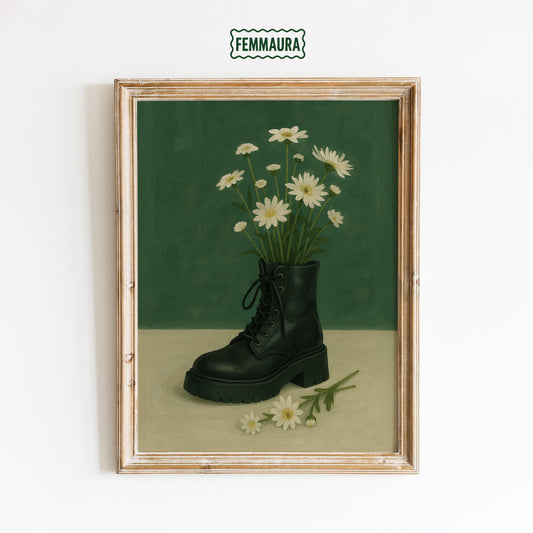 Combat Boot Art Print – Feminine Strength Botanical Wall Art With Daisies