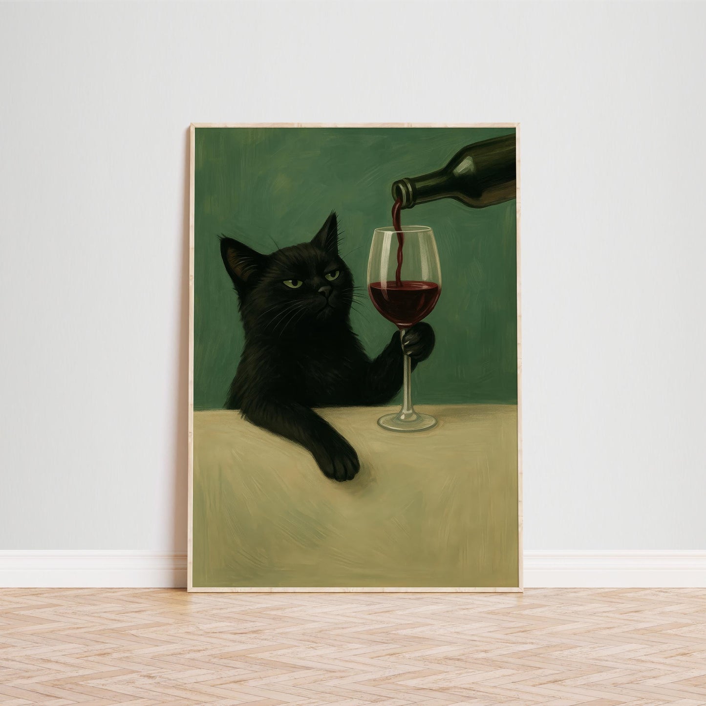 Black Cat Wall Art – Moody Cat Poster With Wine Glass | Gothic Kitchen Print