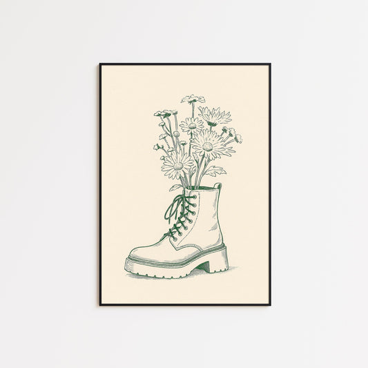 Combat Boot & Flowers Poster – Feminine Strength Minimal Line Art