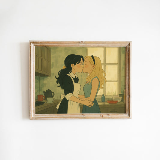 Lesbian Wall Art Print – Cozy Sapphic Lovers Art with Vintage Kitchen Decor