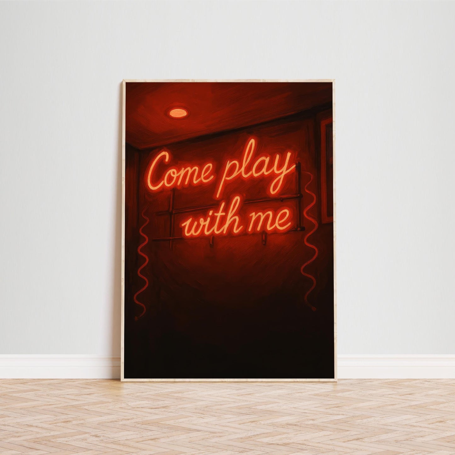 Neon Red Wall Art – Provocative Come Play Sign Poster for Bedroom & Bar Decor