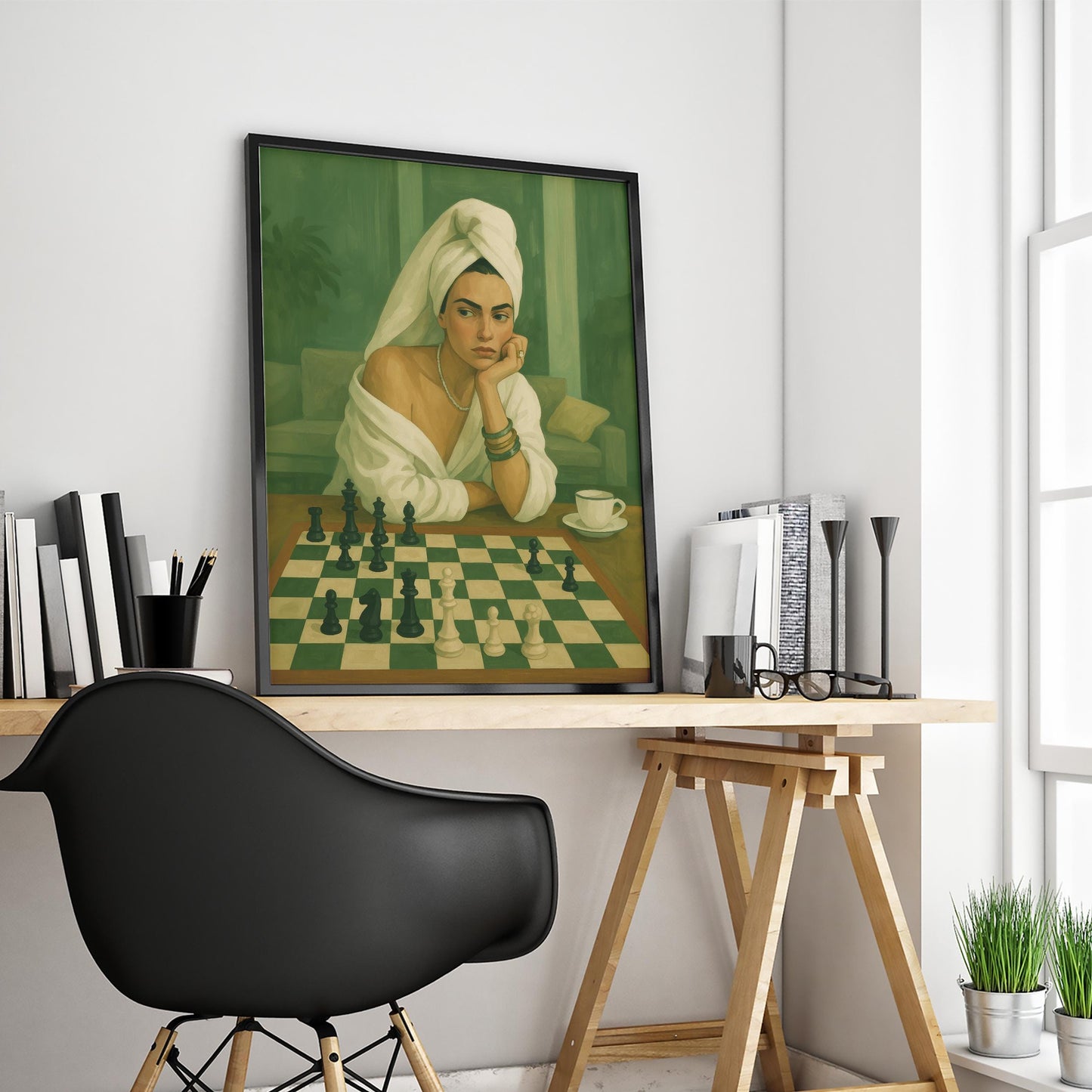 Feminine Chess Art Print – Moody Green Tones | Luxury Bedroom Poster