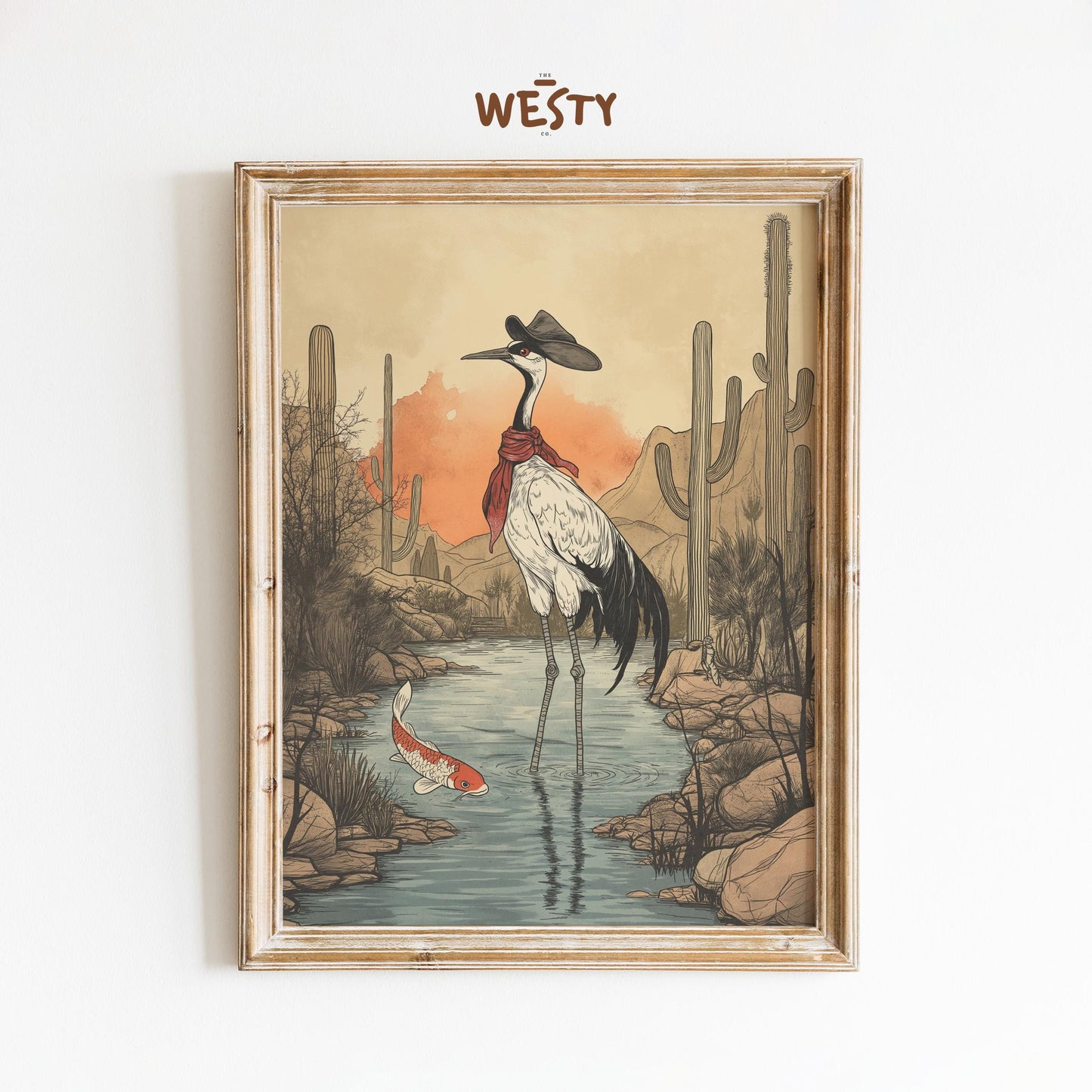 Cowboy Crane Poster – East-West Surreal Bird Art in Desert Oasis