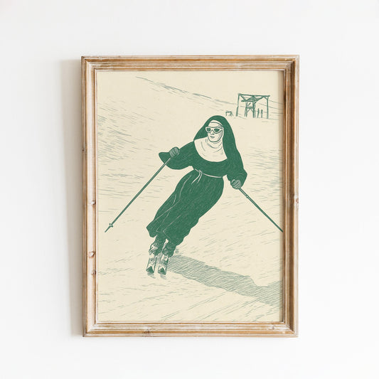 Skiing Nun Poster – Retro Humorous Wall Art, Minimal Green Line Print